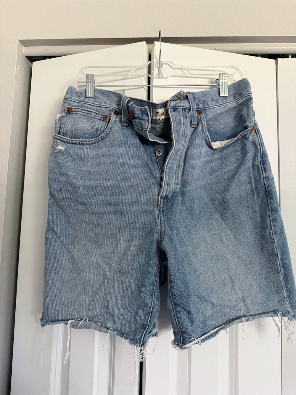 Madewell Light Wash Denim Bermuda Shorts with Raw Hem